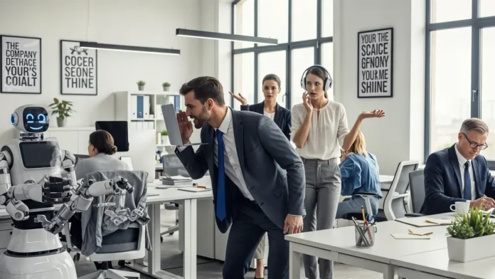 Illustration humoristique de nouveaux métiers absurdes liés à l’intelligence artificielle en 2025.