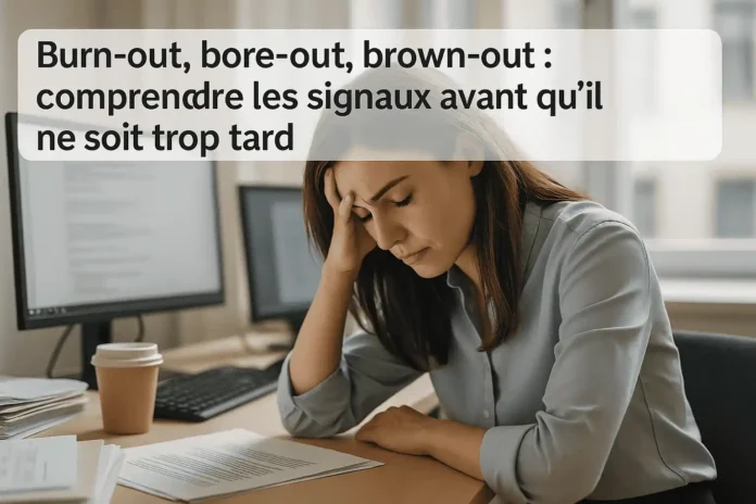 Salarié en 2025 montrant les signes de burn-out au travail devant un bureau surchargé