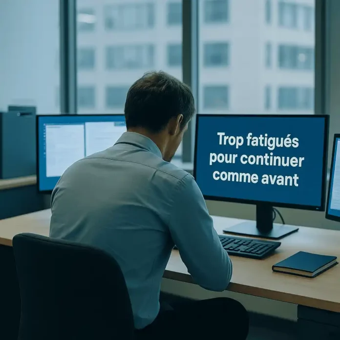 Employé assis à son bureau dans un espace de travail lumineux et végétalisé, entouré d’écrans, l’air légèrement fatigué mais serein, symbolisant la fatigue moderne au travail dans une ambiance apaisante.
