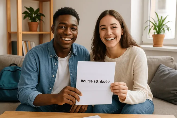 Deux étudiants souriants posant ensemble dans leur appartement en tenant une lettre indiquant “Bourse attribuée”, exprimant leur joie d’avoir obtenu une aide étudiante