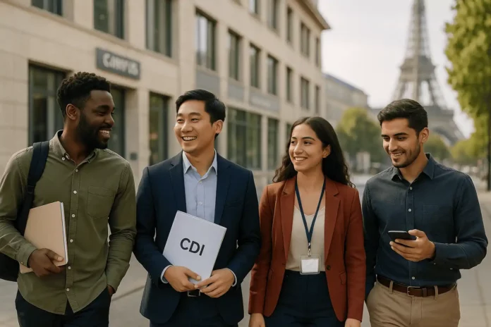 Quatre jeunes diplômés étrangers marchent dans une rue parisienne, souriants, avec la tour Eiffel en arrière-plan. L’un tient un dossier marqué “CDI”, les autres portent un badge ou un carnet, symbolisant leur entrée dans la vie professionnelle en France après leurs études.