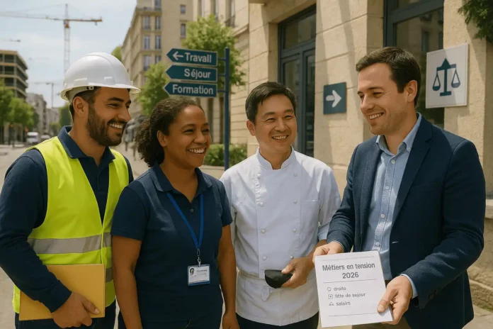Groupe de travailleurs étrangers souriants — ouvrier du bâtiment, aide à domicile et cuisinier — discutant avec un conseiller devant un centre d’information “Métiers en tension 2026”, dans une rue ensoleillée.