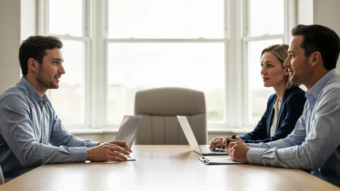 Candidat en entretien d’embauche en 2025, échange professionnel et confiant avec deux recruteurs dans une salle moderne et lumineuse.