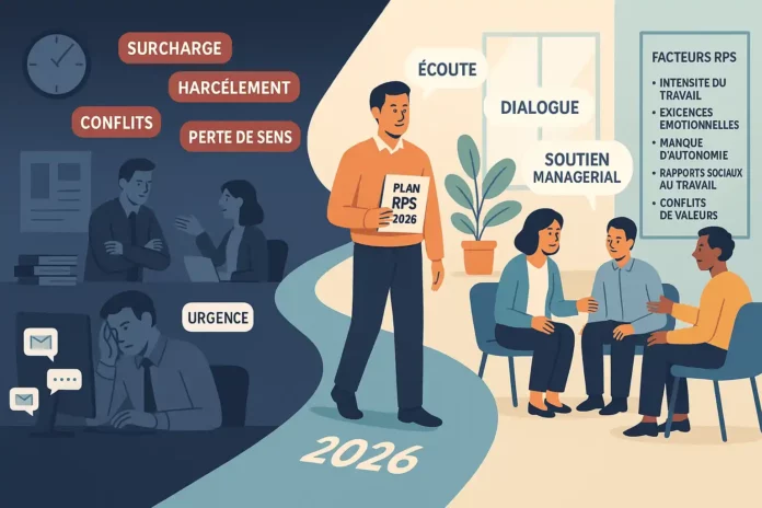 Illustration montrant un bureau coupé en deux : à gauche, une ambiance sombre avec surcharge, harcèlement, conflits et perte de sens ; à droite, un environnement positif axé sur l’écoute, le dialogue et le soutien managérial. Au centre, une personne tenant un “Plan RPS 2026” symbolise la transition vers une meilleure prévention des risques psychosociaux.