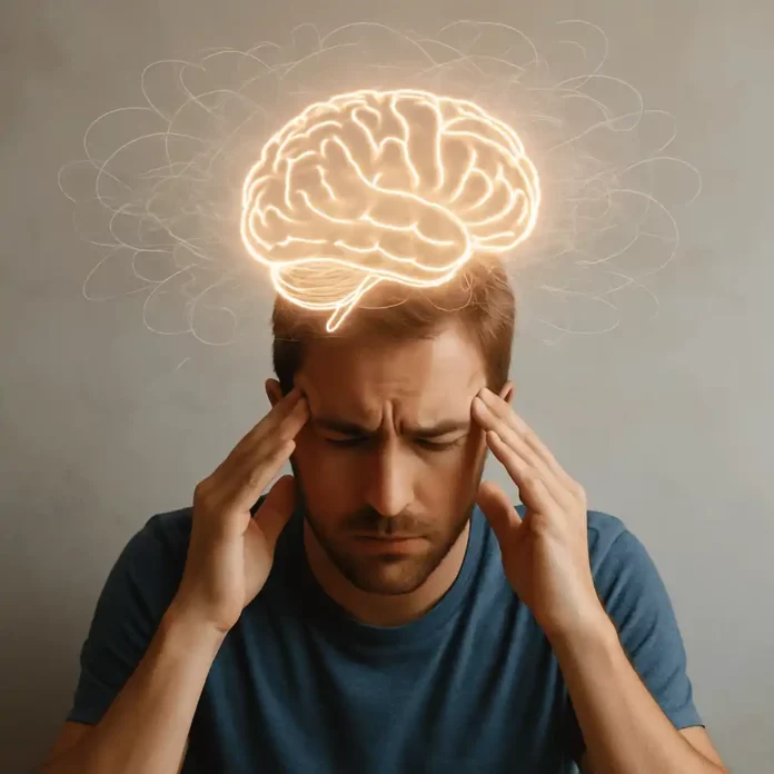 Homme fatigué tenant sa tête entre ses mains, avec un cerveau lumineux illustré au-dessus pour symboliser la surcharge mentale et le stress en 2026.